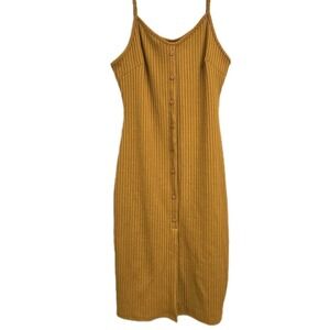 Chic Minimalist Bodycon Ribbed Midi Dress Faux Button Front Split Large Mustard